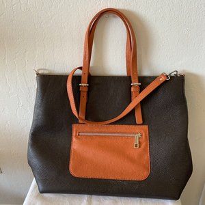 PARENTESI,Italy, dark brown & orange leather tote with detachable shoulder strap